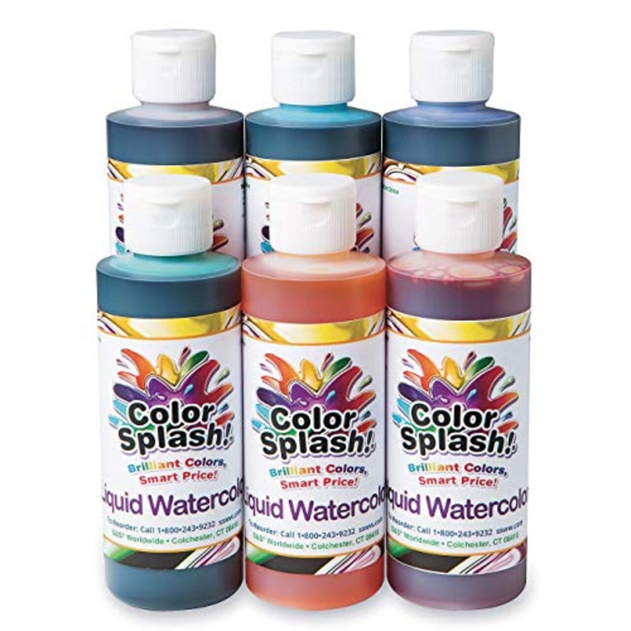 Color Splash! Liquid Watercolor Paint - 6 Vivid Colors, 8 oz Flip-Top Bottles, Non-Toxic, Ideal for Watercolor Painting, Tinting Slime, Clay, Glue, and Shaving Cream, Pack of 6
